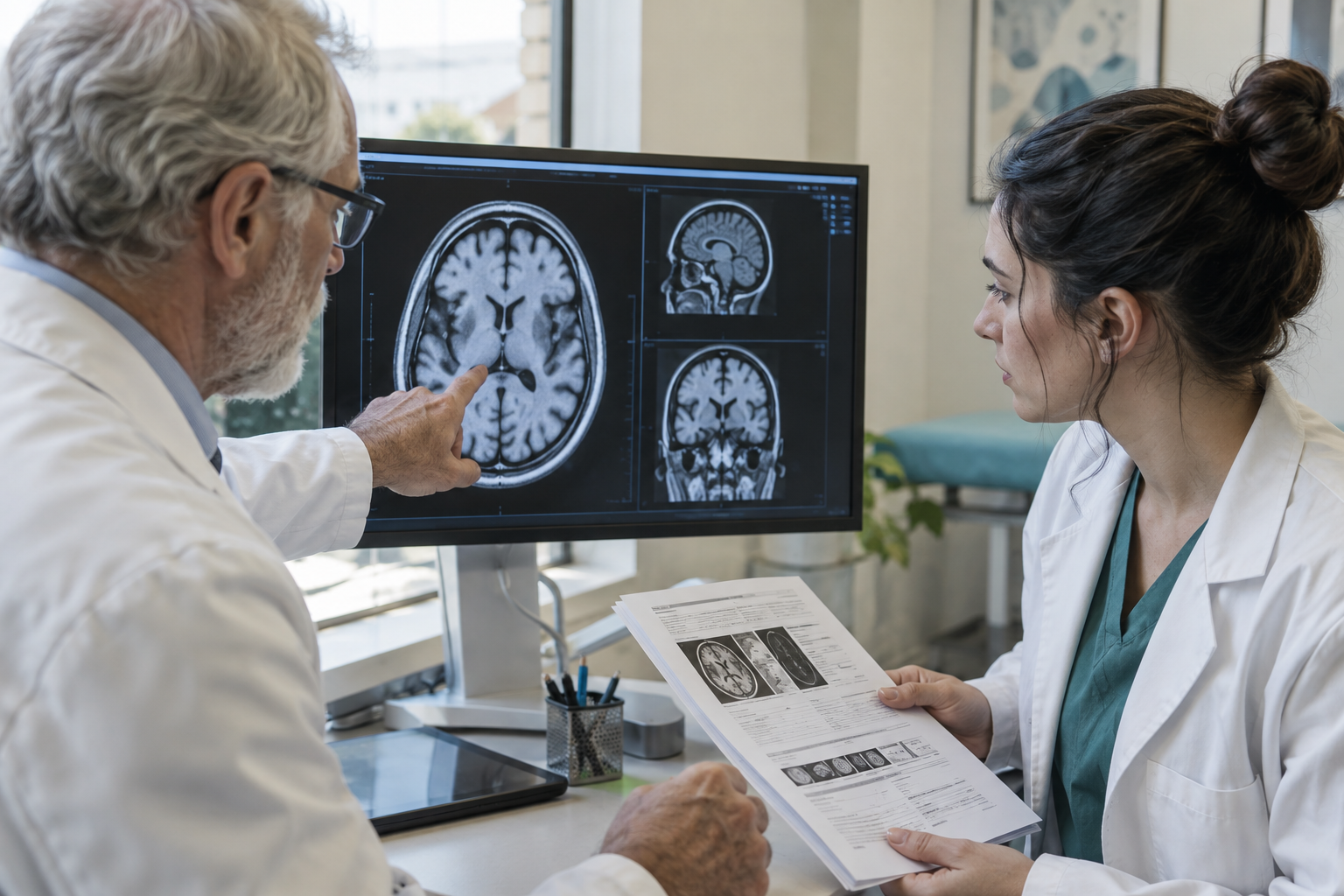 Two doctors reviewing the same scans and reports