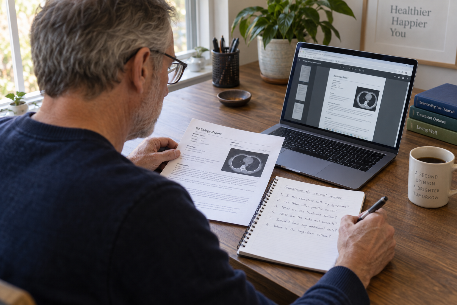 A patient reviewing reports and preparing second-opinion questions